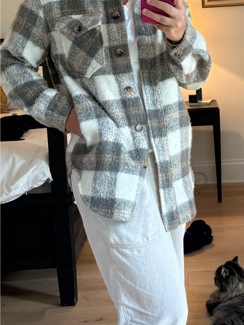 OAK + FORT Gray & White Plaid Utility Shacket